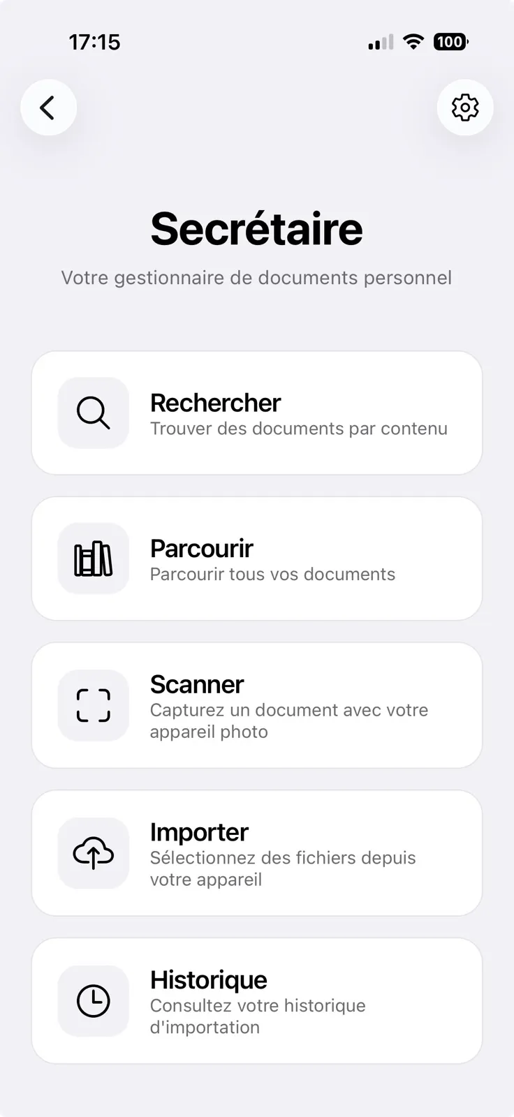 Capture d'écran : menu principal de l'app Secrétaire