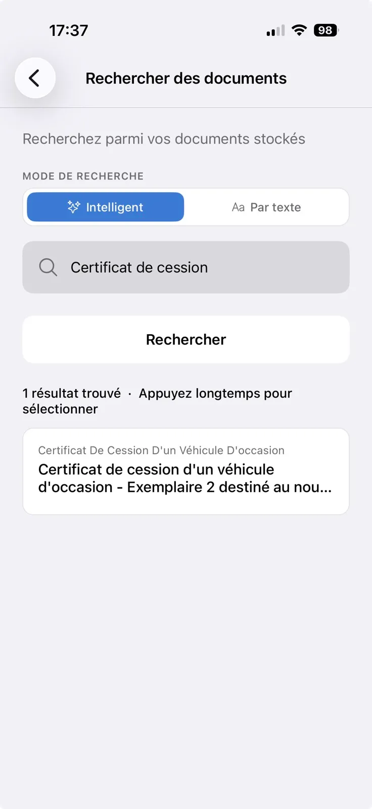 Capture d'écran : recherche d'un document